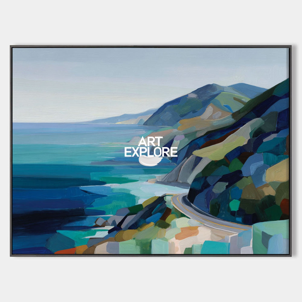 Abstract Coastal Highway Landscape Painting With Blue And Green Tones For Modern Home Decor