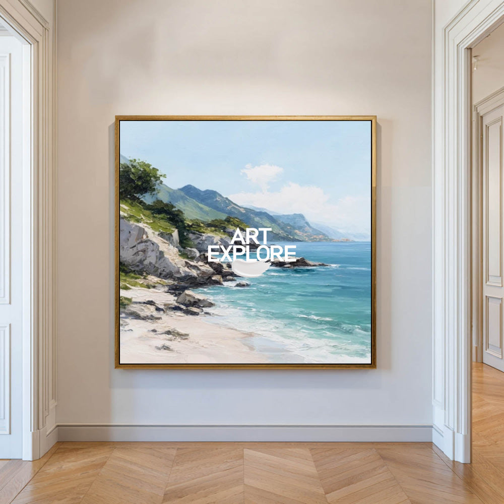 Modern Coastal Landscape Painting With Mountains And Sea For Living Room Decor