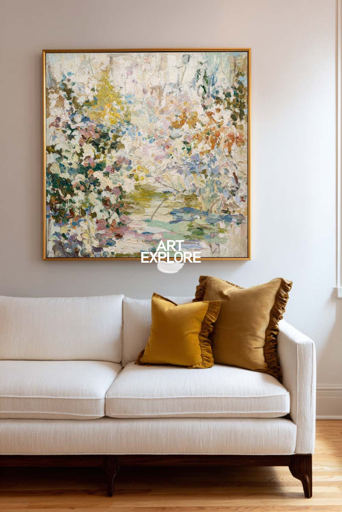 Abstract Botanical Oil Painting With Textured Brushwork For Modern Living Room Decor