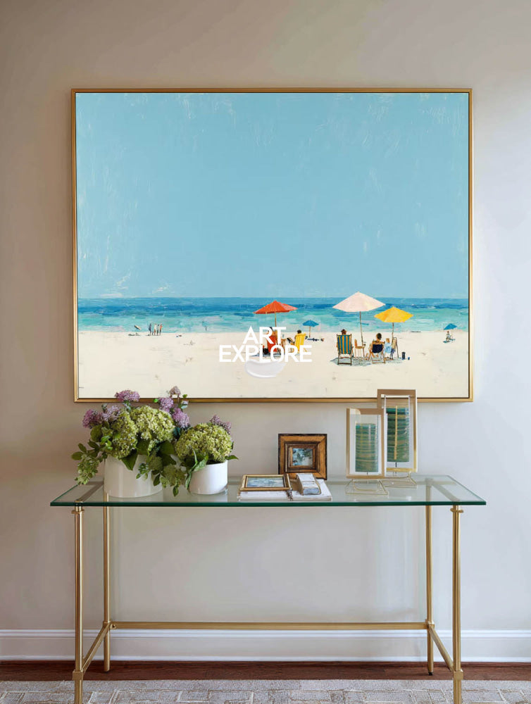 Abstract Beach Seascape Painting With Blue Sky And Umbrellas For Coastal Home Decor