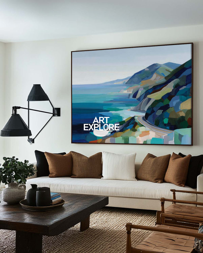 Abstract Coastal Highway Landscape Painting With Blue And Green Tones For Modern Home Decor