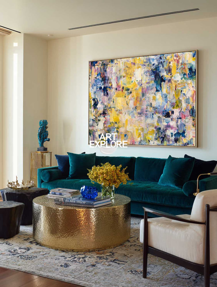 Modern Abstract Oil Painting With Yellow Blue Purple For Living Room Decor
