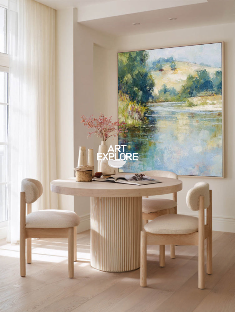 Serene Country River Art Print In Square Format With Soft Blue And Green Tones For Bedroom Wall