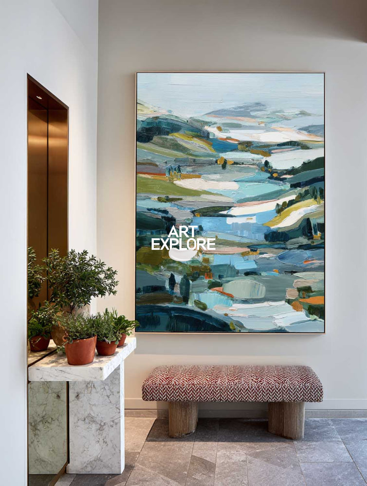 Original Textured Nature Art With Impasto Technique Blue Green Hills On Premium Linen Canvas