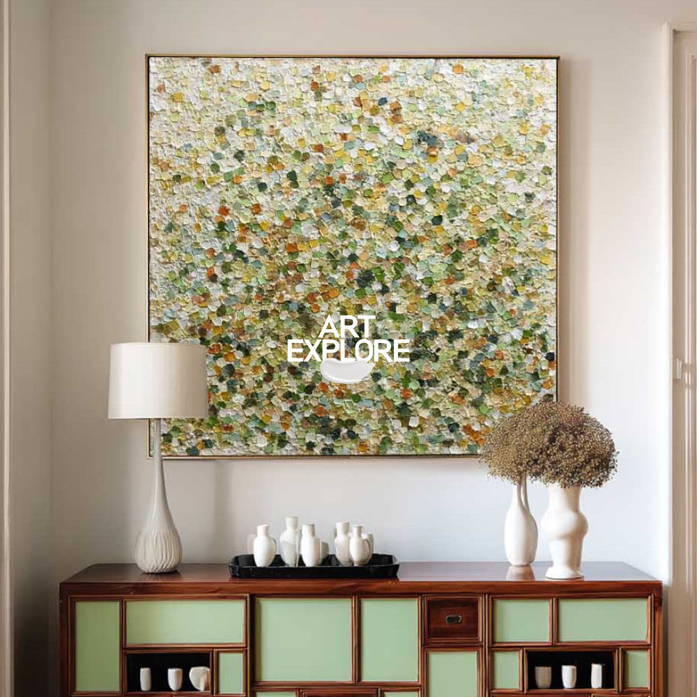 Modern Green Abstract Pointillist Art With Textured Canvas For Living Room Decor