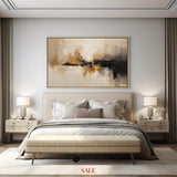 Large tan abstract painting, black beige canvas paintings, soft brush strokes painting for sale