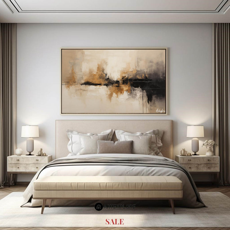 Large tan abstract painting, black beige canvas paintings, soft brush strokes painting for sale