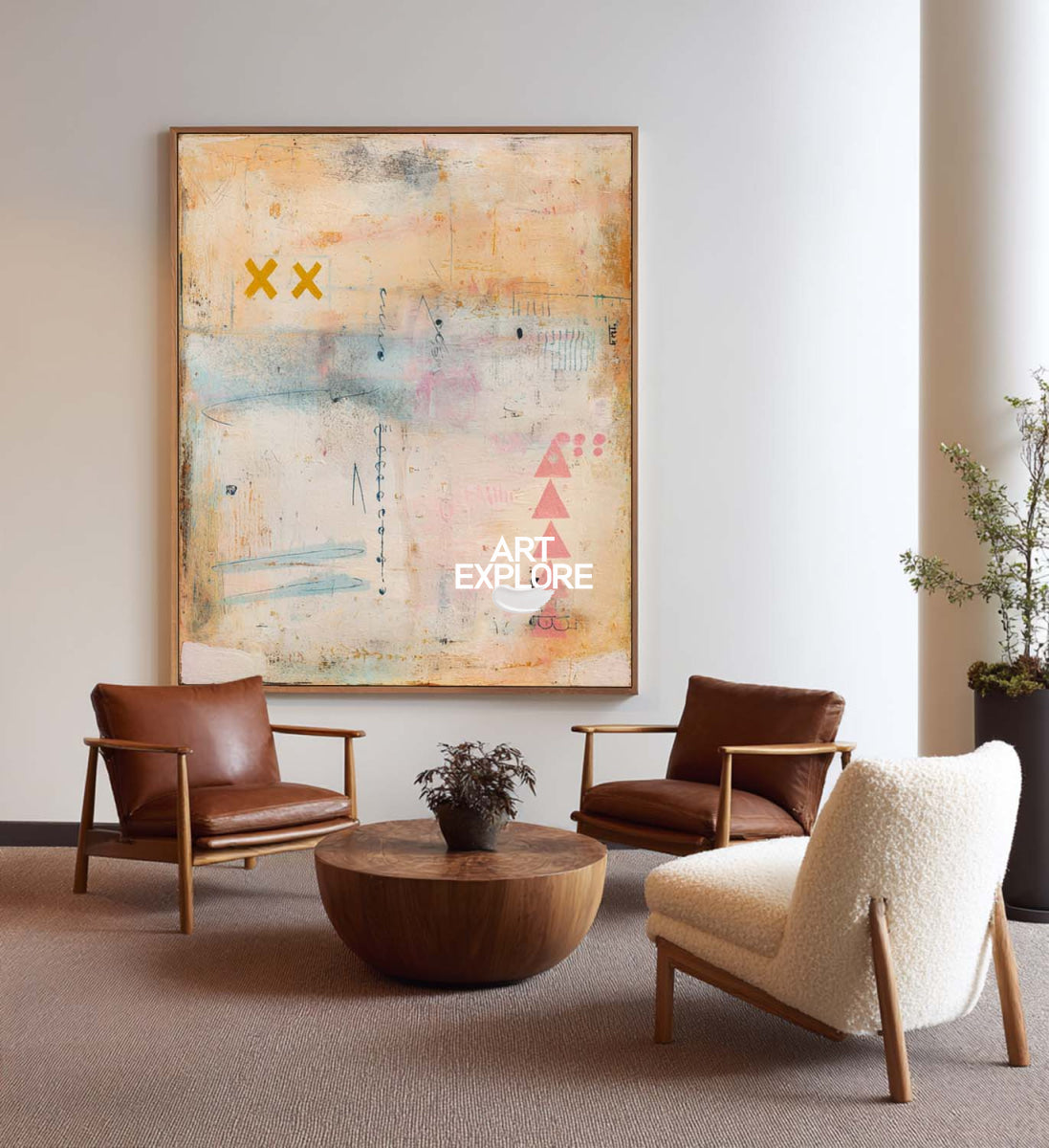 Modern Abstract Art Painting Beige And Pink For Contemporary Living Room Decor
