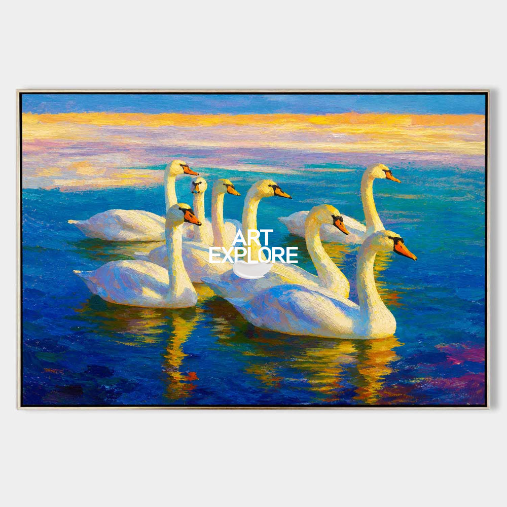 Original Oil Painting Of Swans On Blue Water With Gold Sunset Glow