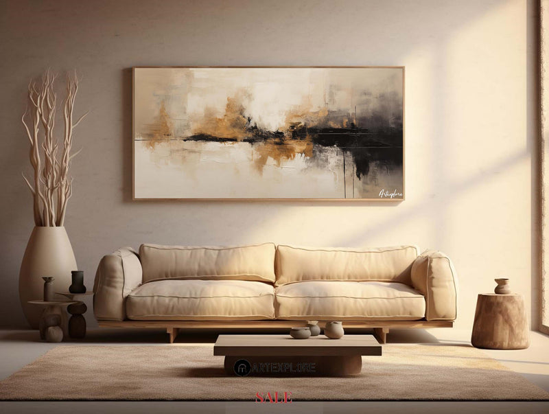 Large tan abstract painting, black beige canvas paintings, soft brush strokes painting for sale