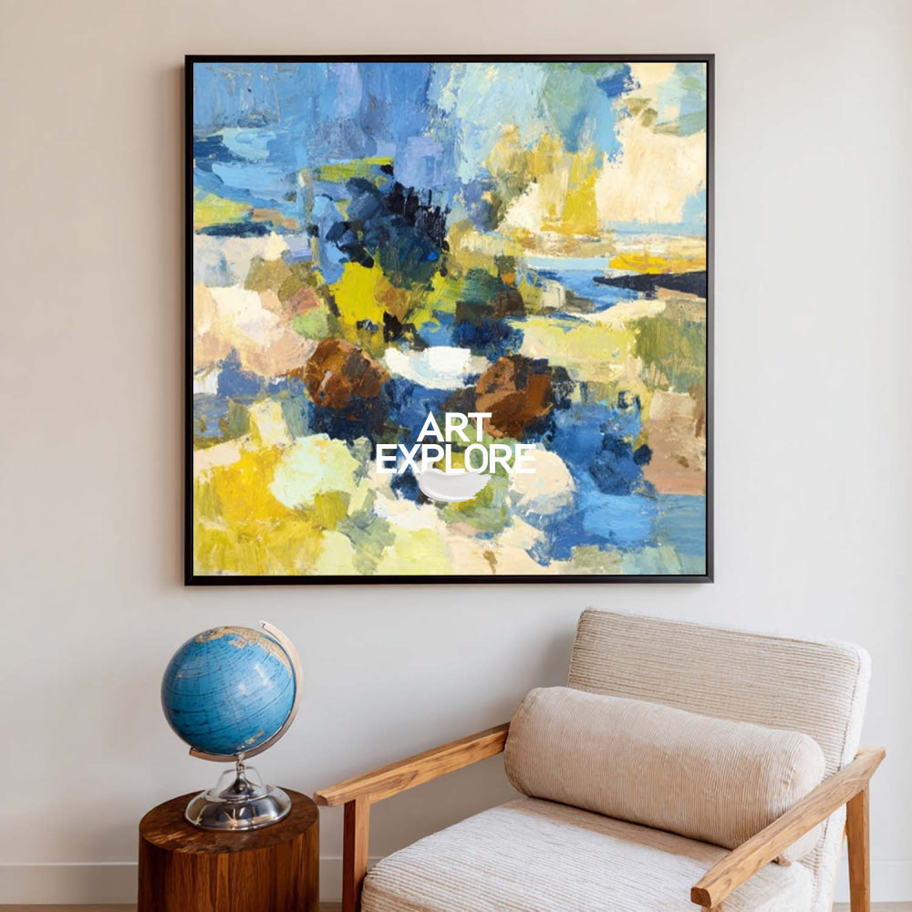 Vibrant Blue And Yellow Abstract Oil Painting On Linen Canvas For Modern Living Room Decor