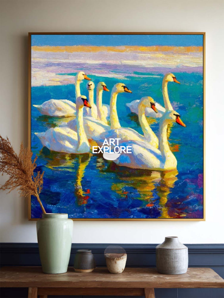 Original Textured Oil Painting Of Swans On Blue Water For Living Room Decor