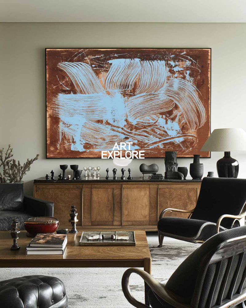 Modern Abstract Painting With Blue And Brown Textured Brushstrokes For Living Room Decor