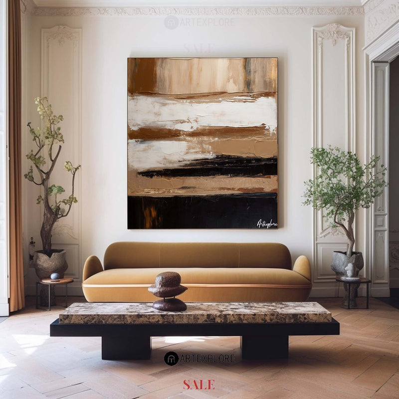 Wabi-sabi Black Brown Abstract Painting Thick Textured Wall Art Black Stripes Abstract Art Painting