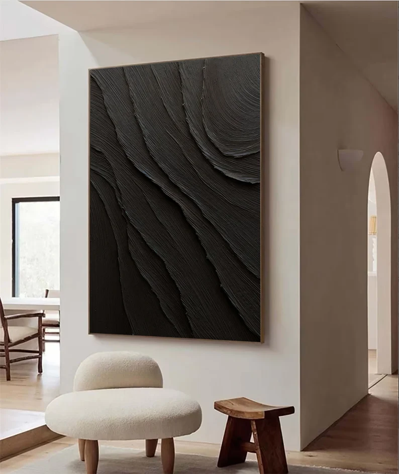 Large Black Abstract Painting Black Minimalist wall Painting Black 3D Textured Painting Modern abstract wall art Minimalist Painting Art