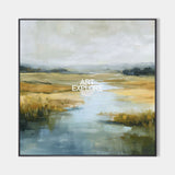 Large Blue River Landscape Textured Oil Painting Square Handmade Canvas Art | ArtExplore