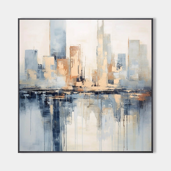 Modern Blue Skyline Canvas Wall Art Abstract Painting With Acrylic Cityscape Canvas Art Large city painting