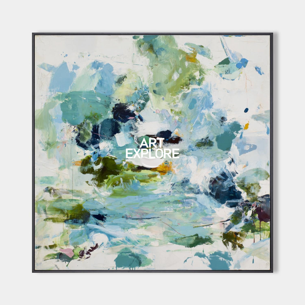 Vibrant Abstract Pond Painting With Green And Blue Hues For Modern Home Decor