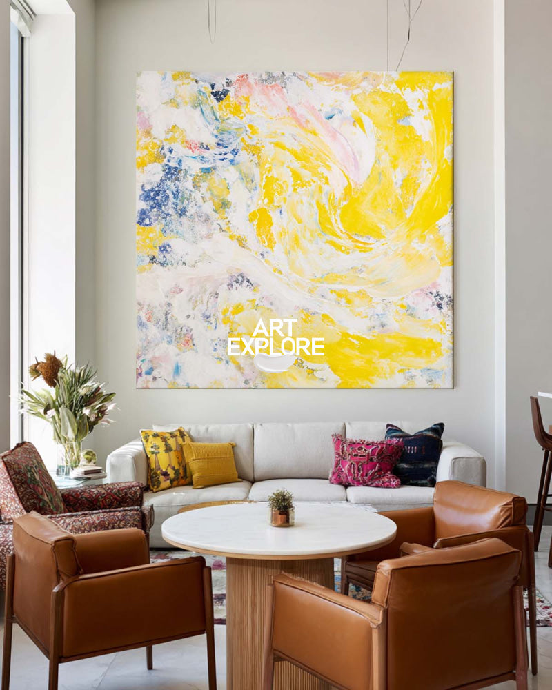 Vibrant Yellow Abstract Painting Modern Square Canvas Art For Living Room Decor