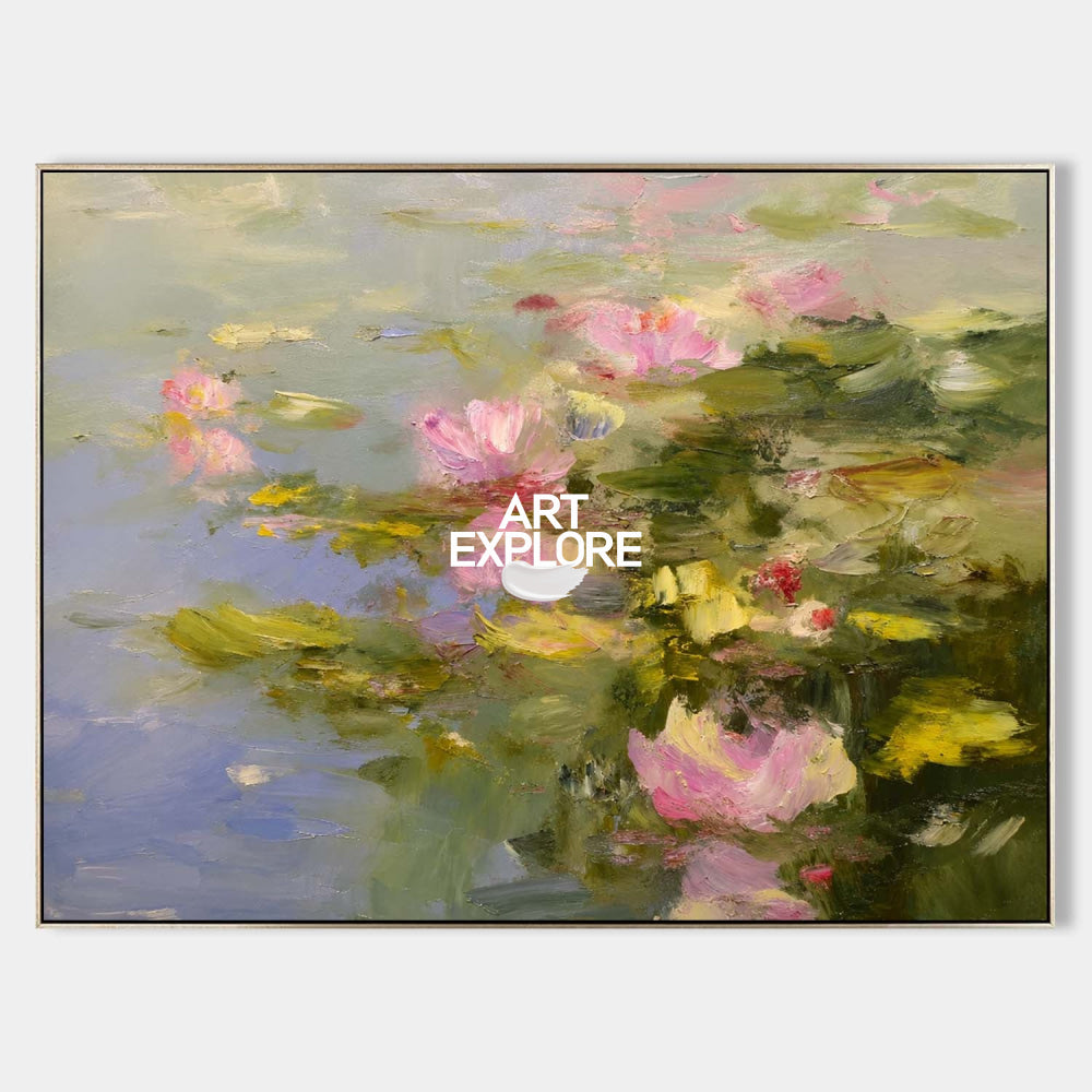 Modern Abstract Lotus Painting With Textured Brushwork For Elegant Home Decor