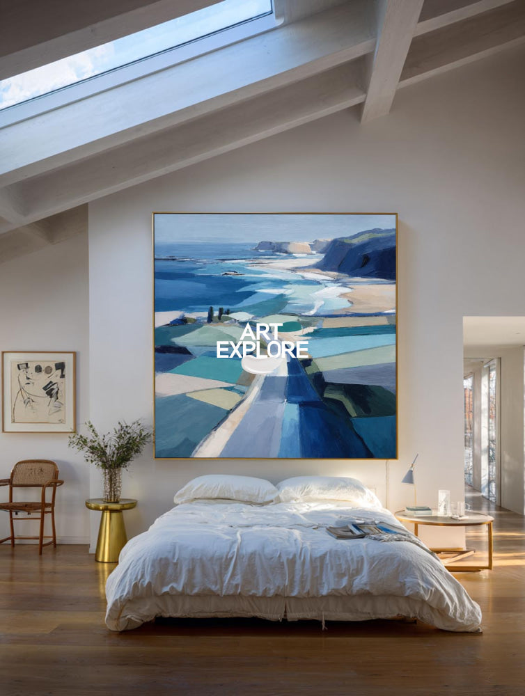 Abstract Blue Coastal Art Painting For Modern Living Room Decor With Ocean View