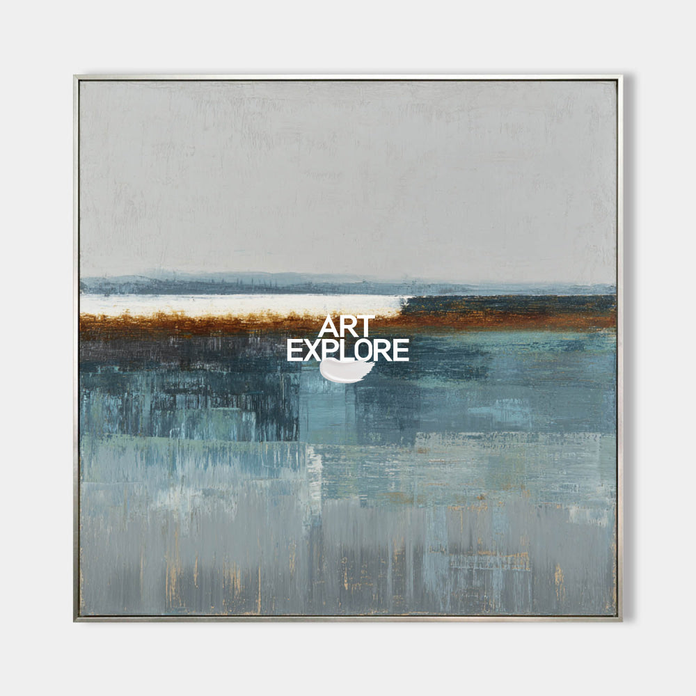 Minimalist Square Abstract Art In Blue Gray And Brown For Modern Interior Design