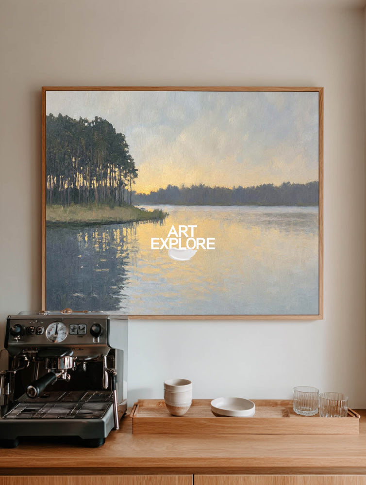 Serene Sunset Lake Painting With Forest Reflections For Modern Living Room Decor