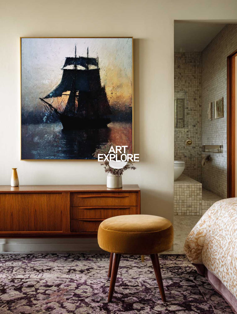 Abstract Sunset Seascape Painting With Dark Boat Silhouette For Modern Home Decor