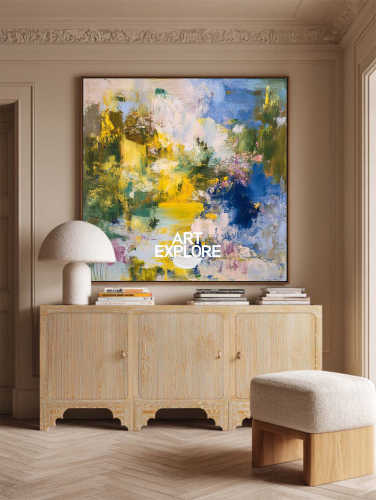 Vibrant Yellow And Blue Abstract Art Original Oil Painting On Linen Canvas For Modern Living Room Decor