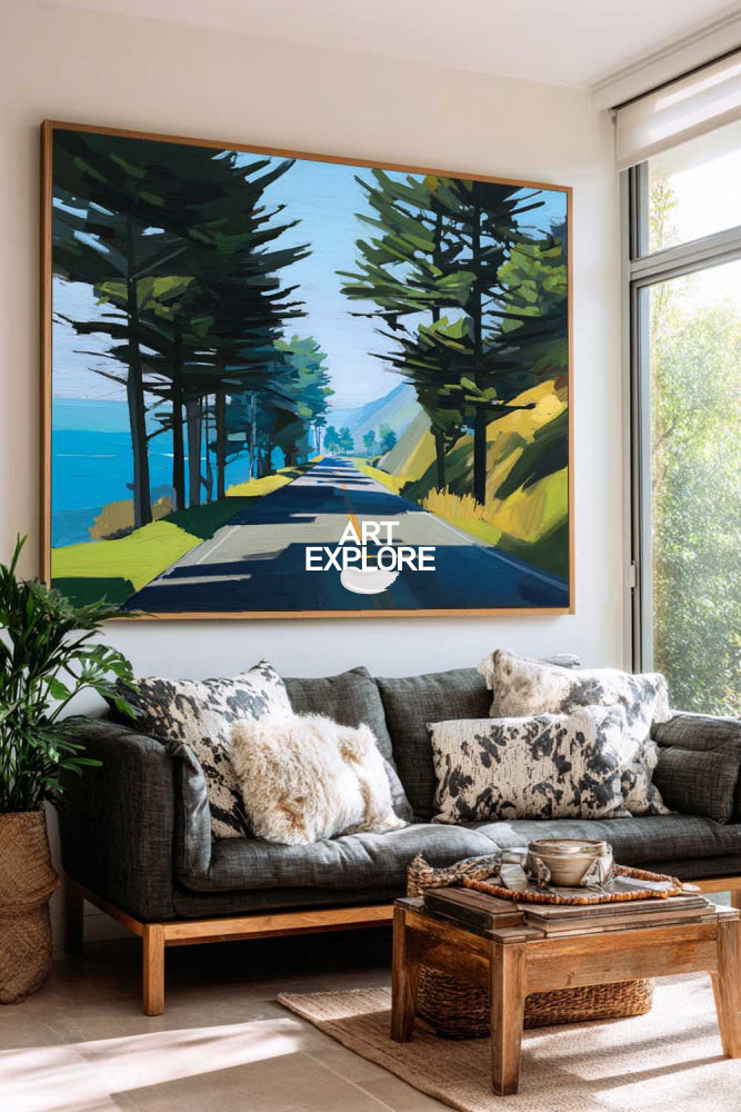 Abstract Coastal Highway Landscape Painting With Blue Green Tones For Modern Home Decor
