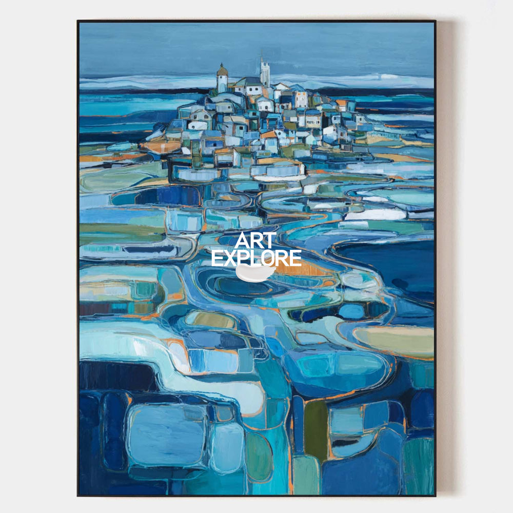 Blue And Orange Abstract Landscape Art With Textured Brushstrokes On Linen Canvas