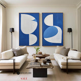 Large Blue And White Abstract Art Diptych Painting 2 piece Geometric Minimalist Art Acrylic Painting On Canvas