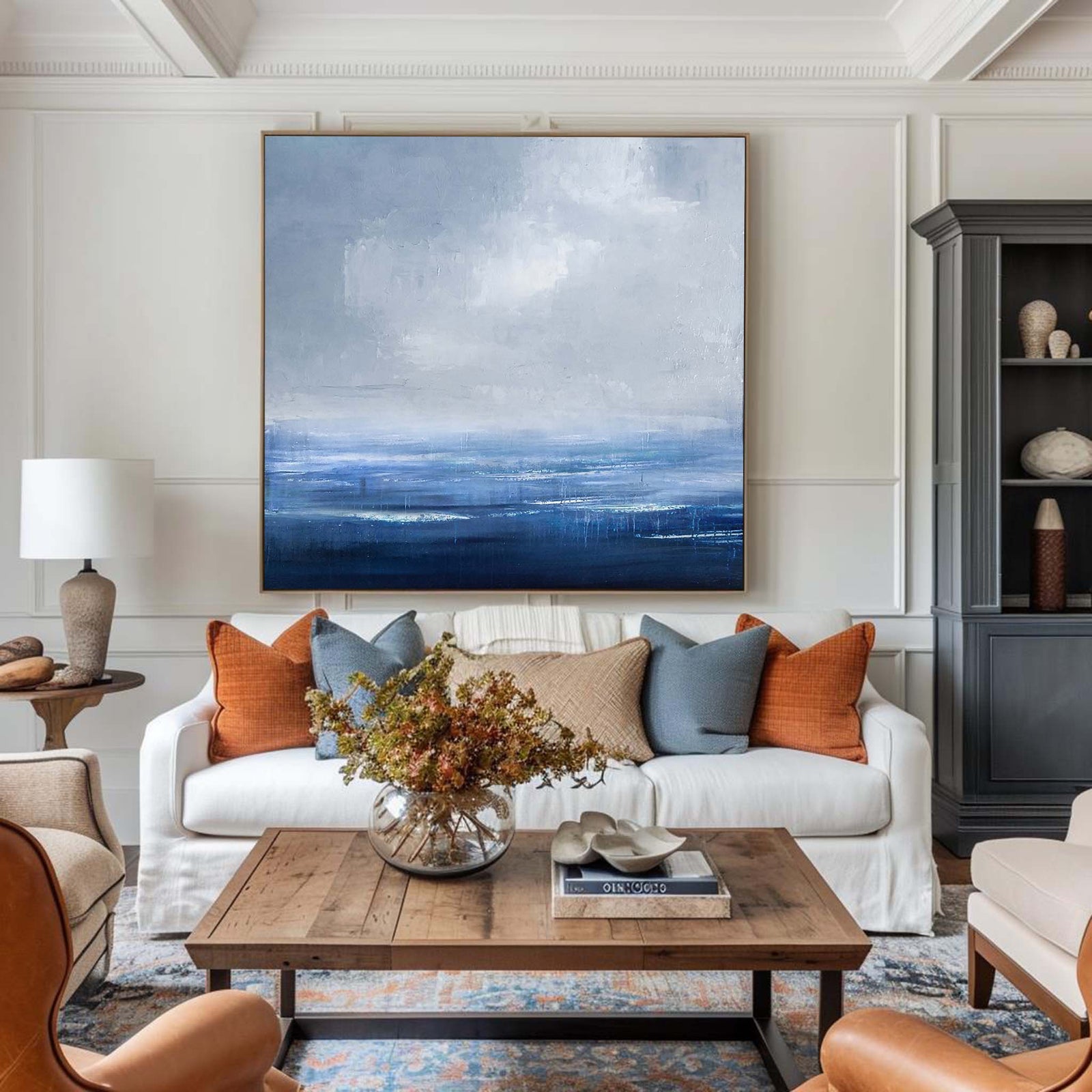 Blue Abstract Ocean Painting On Canvas Framed Modern Ocean Canvas