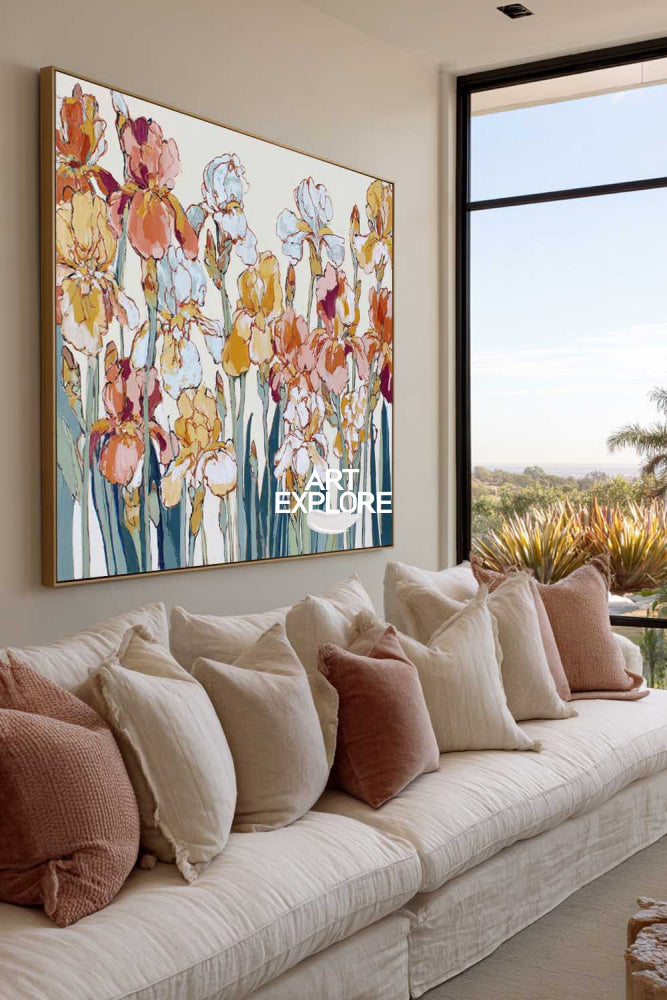 Modern Abstract Floral Art Painting With Teal Stems For Living Room Decor