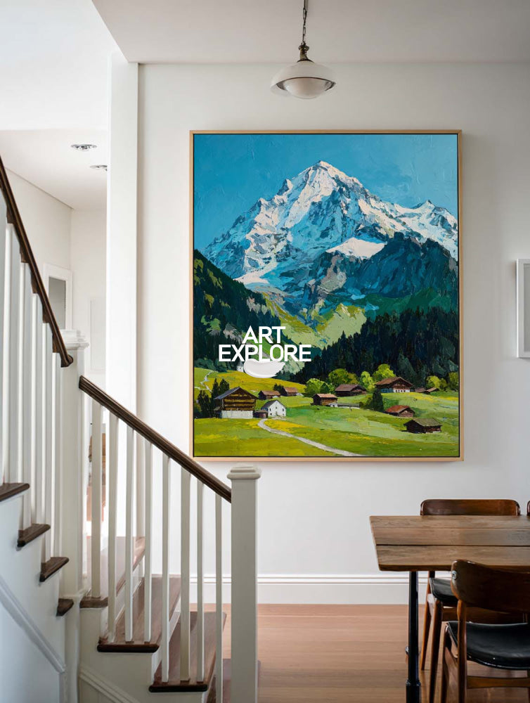 Original Textured Alpine Village Painting With Snow Mountain For Modern Living Room Decor