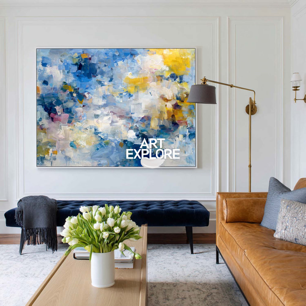 Abstract Impressionist Painting With Blue And Yellow Textured Art For Modern Living Room