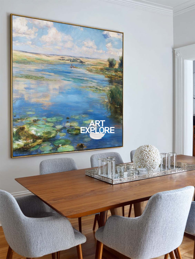 Original Impressionist Wetland Landscape Painting With Blue Sky And Green Water For Living Room Decor