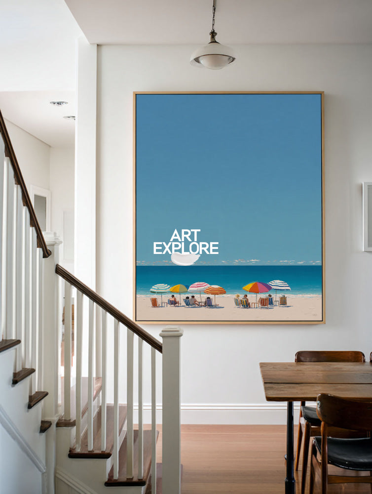 Modern Blue Beach Painting With Colorful Umbrellas For Coastal Living Room Decor
