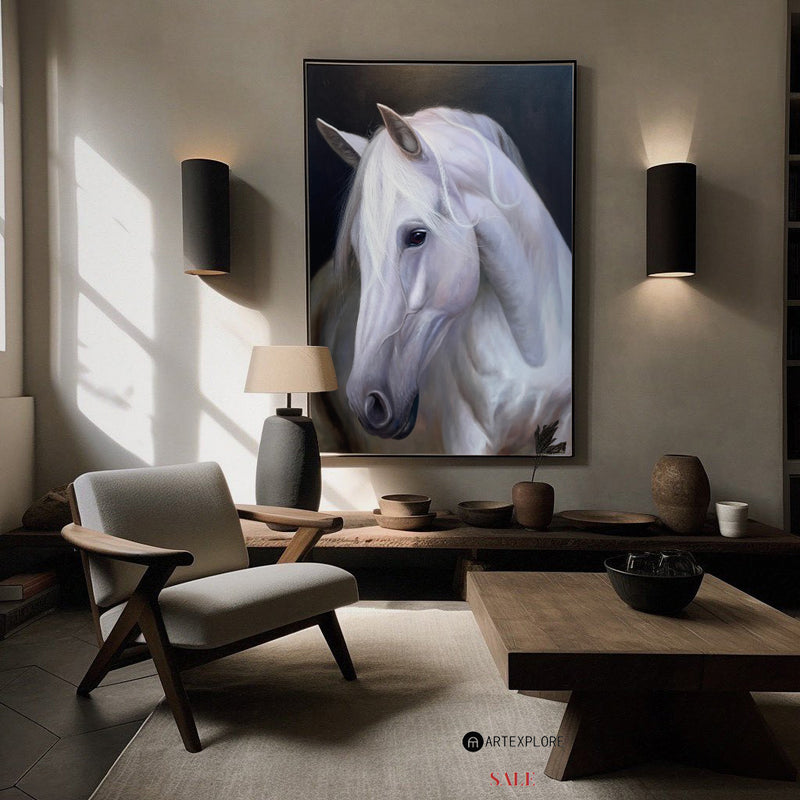 Modern White Horse Oil Painting Wild Horse Wall Art Black And White Steed Artworks