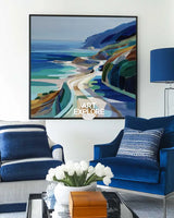 Large Blue Coastal Painting Blue Green Hand-Painted Landscape Textured Artworks For Livingroom, ArtExplore