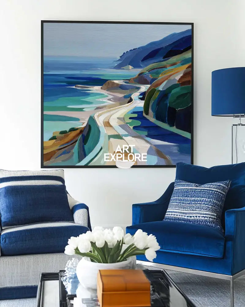 Large Blue Coastal Painting Blue Green Hand-Painted Landscape Textured Artworks For Livingroom, ArtExplore