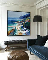 Large Blue Coastal Painting Blue Green Hand-Painted Landscape Textured Artworks For Livingroom, ArtExplore