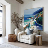 Large Blue Coastal Painting Blue Green Hand-Painted Landscape Textured Artworks For Lounge, ArtExplore