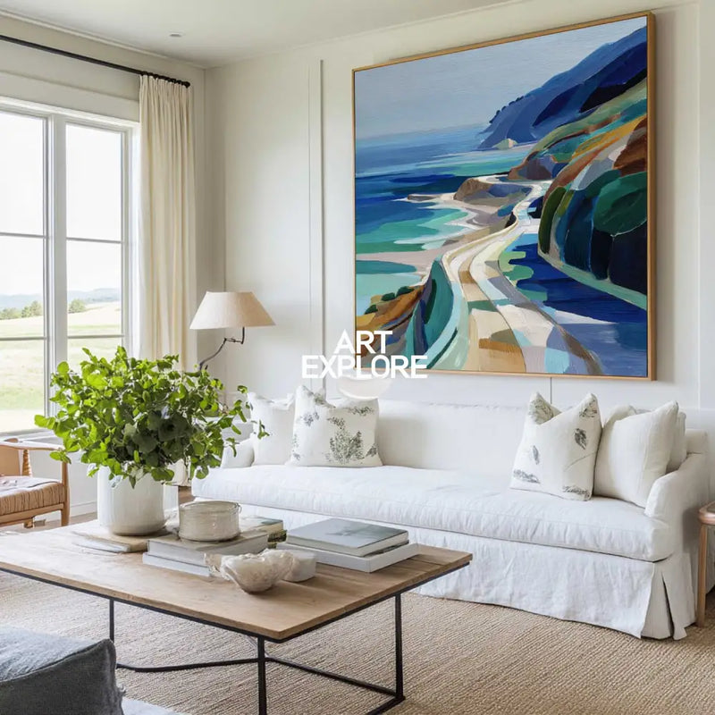 Large Blue Coastal Painting Blue Green Hand-Painted Landscape Textured Artworks For Livingroom ArtExplore