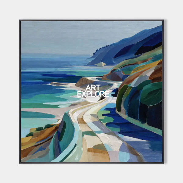 Large Blue Coastal Painting Blue Green Hand-Painted Landscape Textured Artworks, ArtExplore Painting