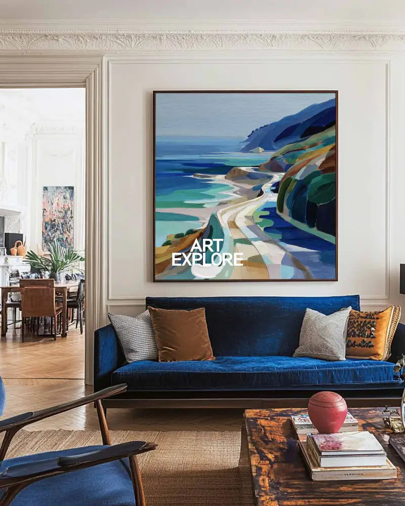 Large Blue Coastal Painting Blue Green Hand-Painted Landscape Textured Artworks For Living Room, ArtExplore