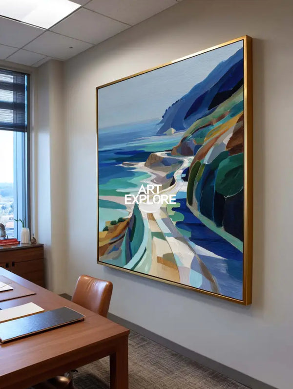 Large Blue Coastal Painting Blue Green Hand-Painted Landscape Textured Artworks, ArtExplore Painting