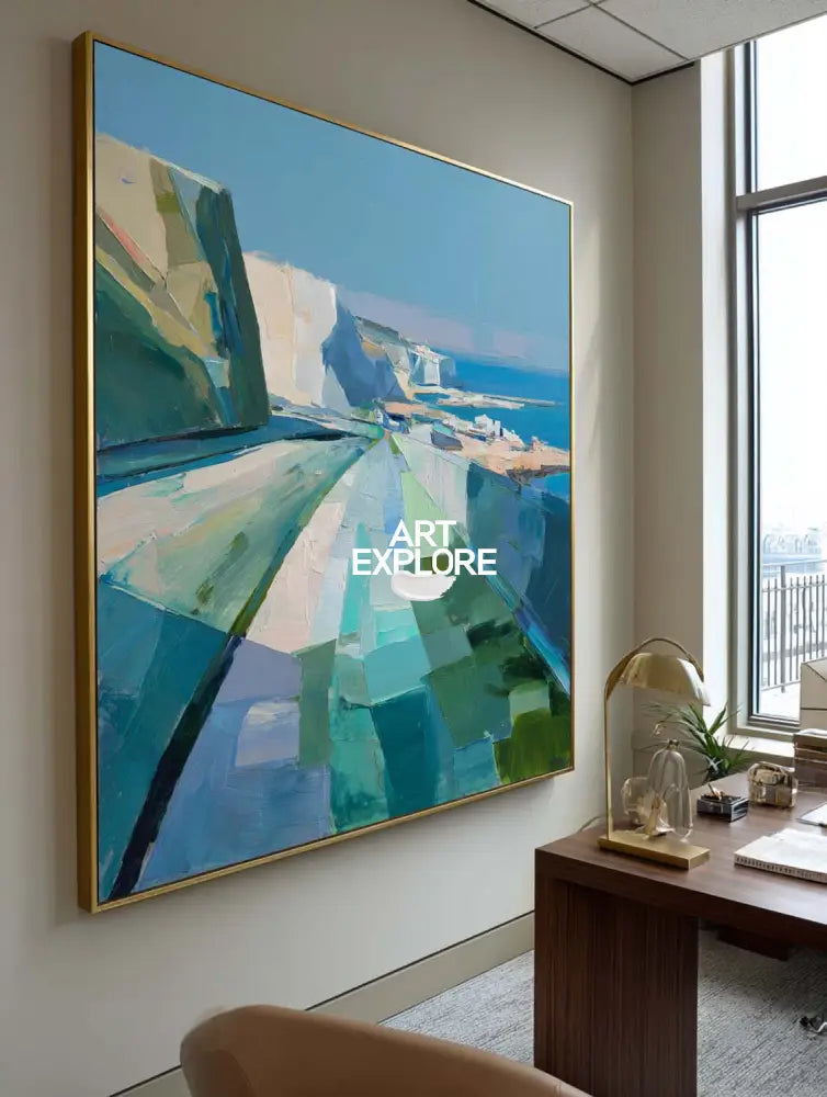 Modern Blue Texture Coastal Wall Art Blue Coastal Landscape Oil Painting for Home Decor, ArtExplore