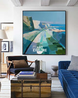 Modern Blue Texture Coastal Wall Art Blue Coastal Landscape Oil Painting for Home Decor, ArtExplore