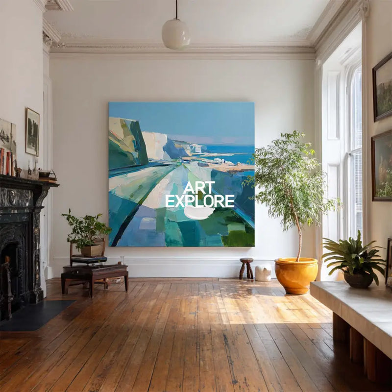 Modern Blue Texture Coastal Wall Art Blue Coastal Landscape Oil Painting for Home Decor, ArtExplore